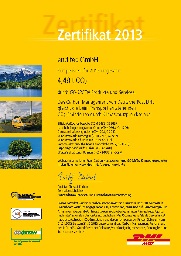 GOGREEN-Zertifikat 2013 für die enditec GmbH