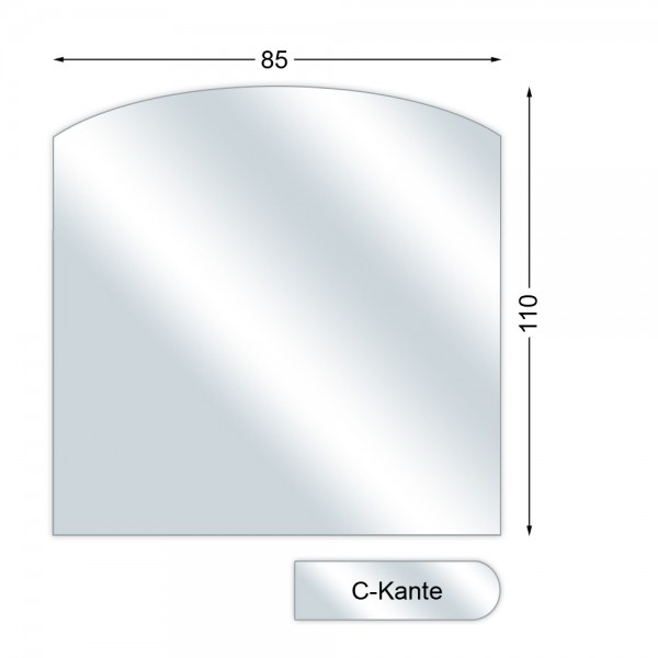 Funkenschutzplatte, Glasbodenplatte mit C-Kante, Segmentbogen, 6 mm stark, 85 x 110 cm